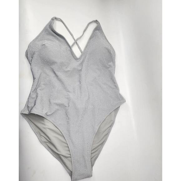H&M Plunge One Piece Swimsuit Size XL Silver Glitter Maillot Sexy Glam High Cut - Picture 3 of 7